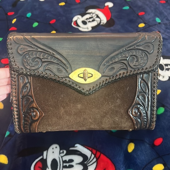 Vintage Joo Kay Hand Tooled Leather Purse Handbag Brown Western Shoulder - Picture 2 of 11